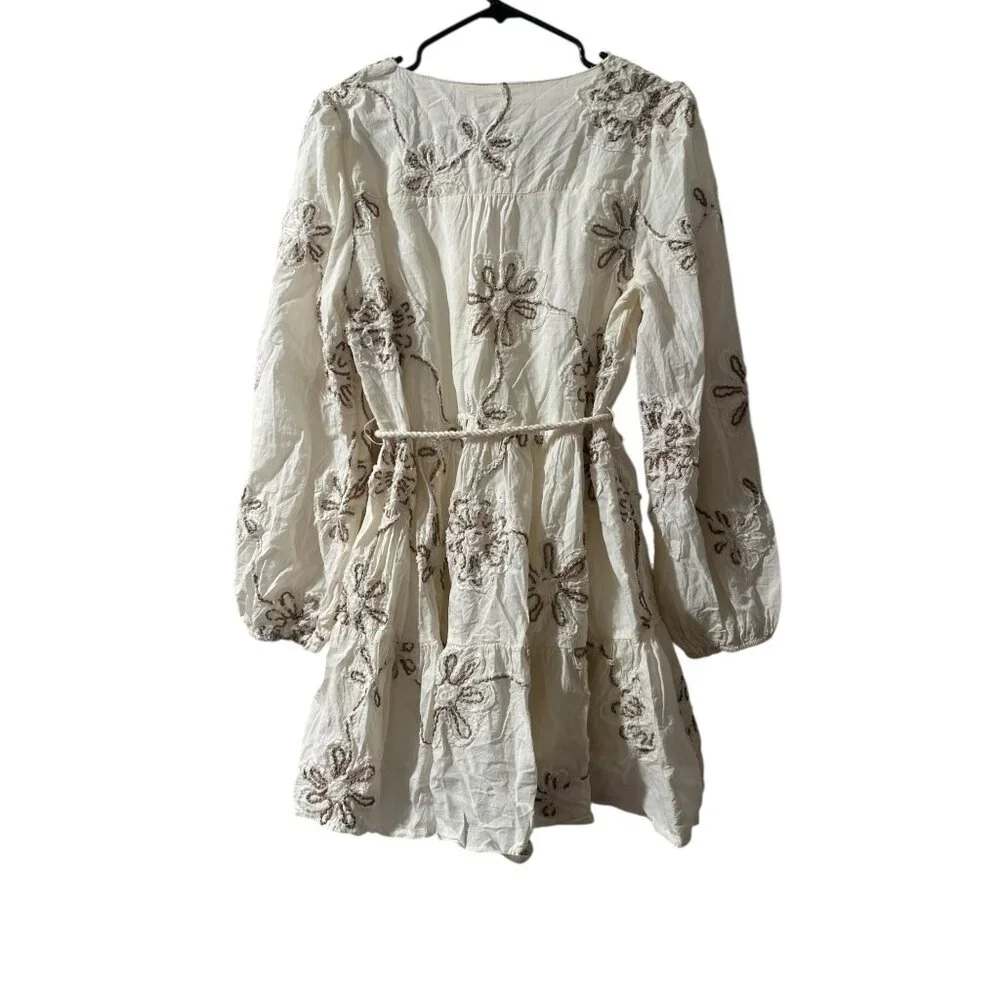 Camellia Embroidered 3D Floral Cottage Mini Dress Women Medium Cream Puff Sleeve - Picture 4 of 16